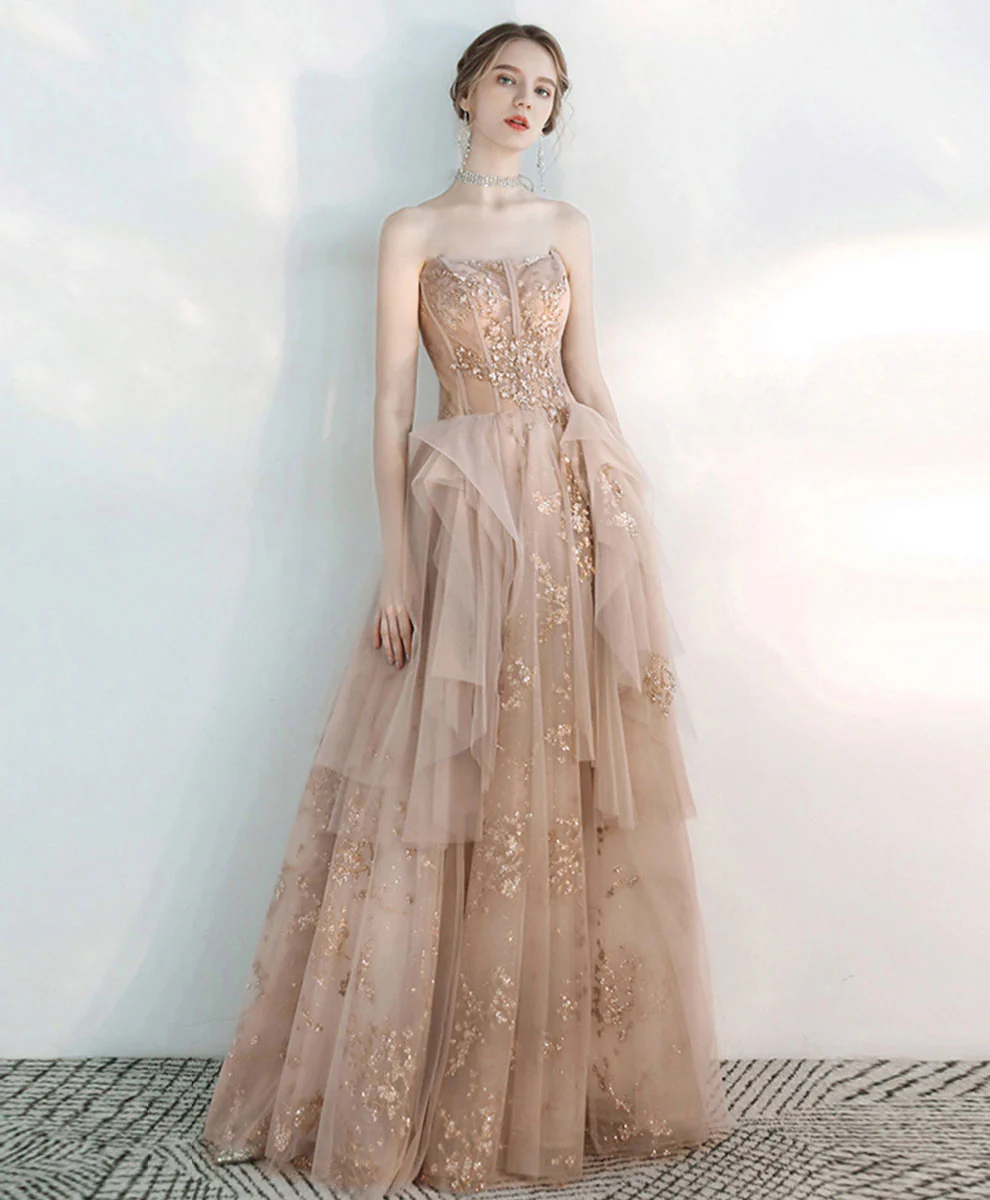 Champagne Sweetheart Tulle Lace Long Prom Dress, Sequin Formal Graduation Dress - Deanwangkt