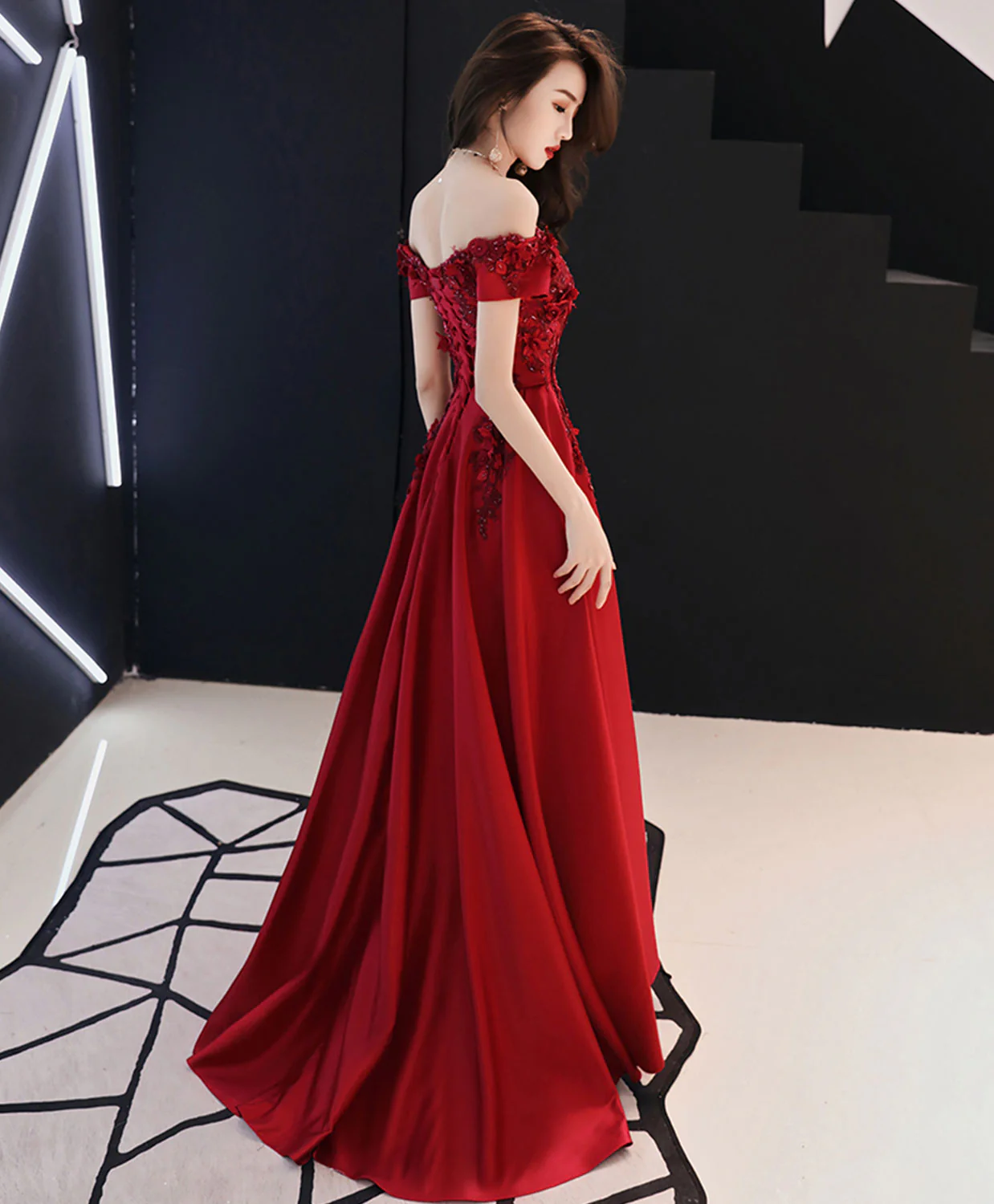 A-Line Burgundy Tulle Lace Long Prom Dress, Burgundy Tulle Bridesmaid Dress - Deanwangkt
