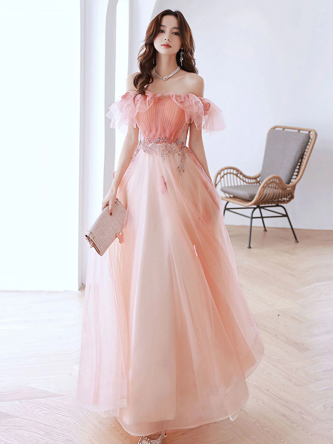 A-Line Off Shoulder Pink Long Prom Dresses, Pink Tulle Formal Evening Dress - Deanwangkt