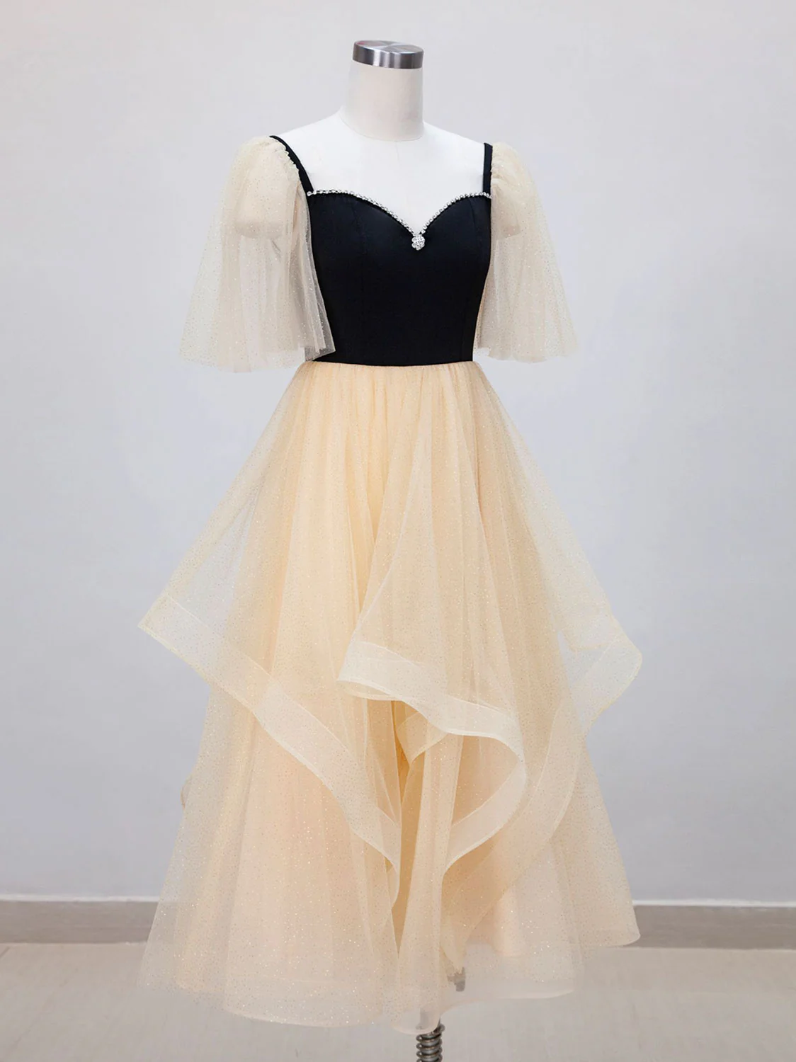 Champagne A-Line Tulle Short Prom Dresses, Champagne Formal Dress - Deanwangkt