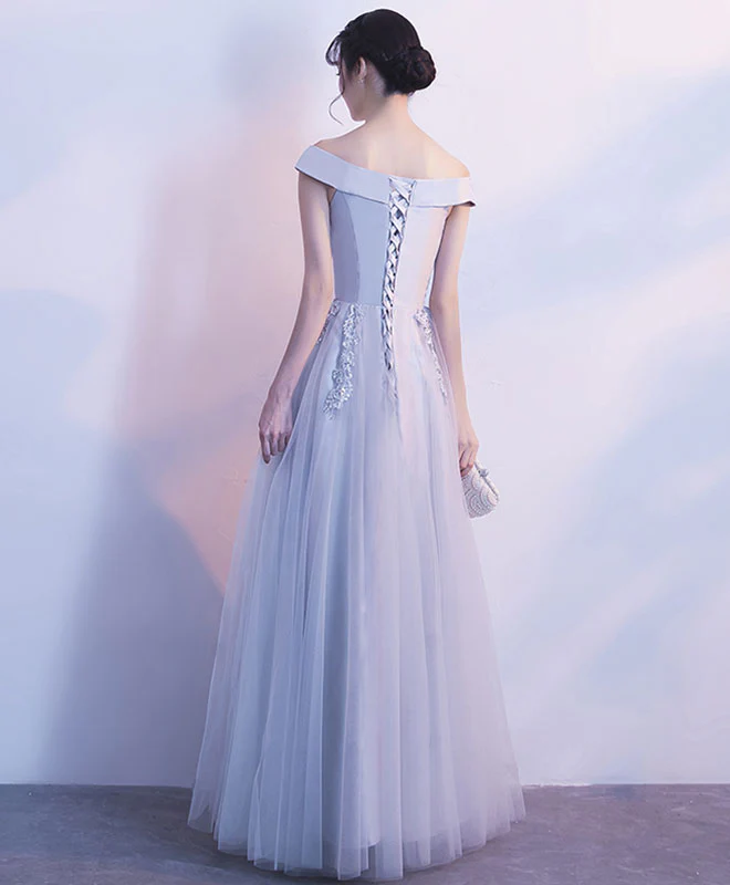Gray Tulle Lace Off Shoulder Long Prom Dress, Evening Dress - Deanwangkt