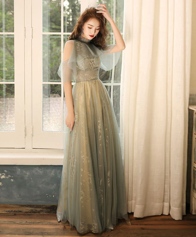 Green Tulle Hight Neck Tulle Lace Long Prom Dress Tulle Formal Dress - Deanwangkt