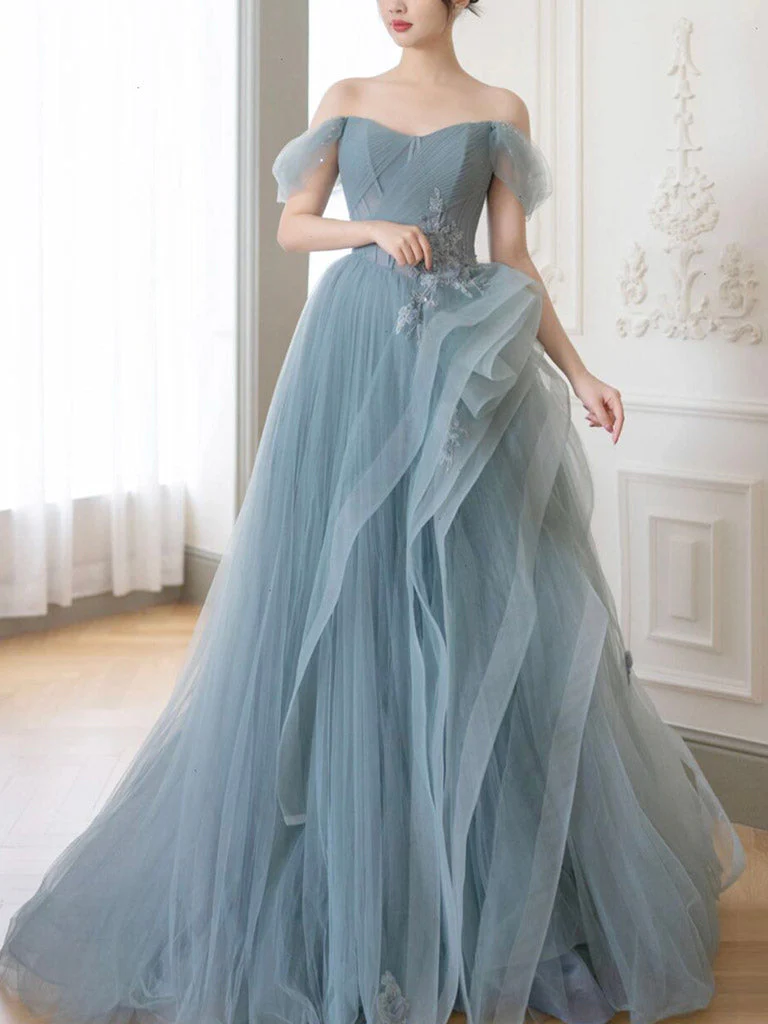 A-Line off Shoulder Tulle Lace Gray Blue Long Prom Dress, Blue Long Formal Dress - Deanwangkt
