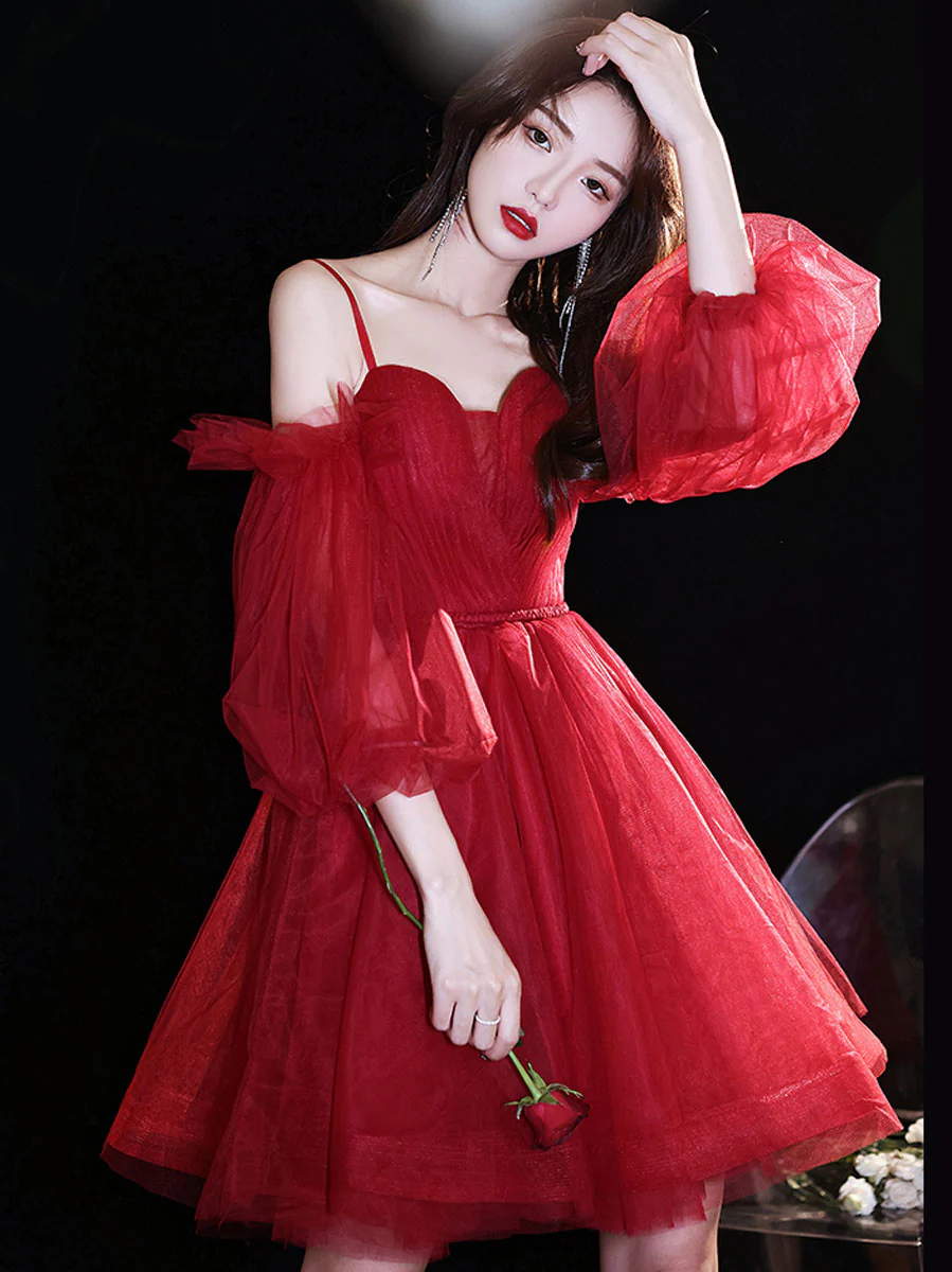 Red Sweetheart Neck Tulle Short Prom Dress, Puffy Red Homecoming Dresses - Deanwangkt