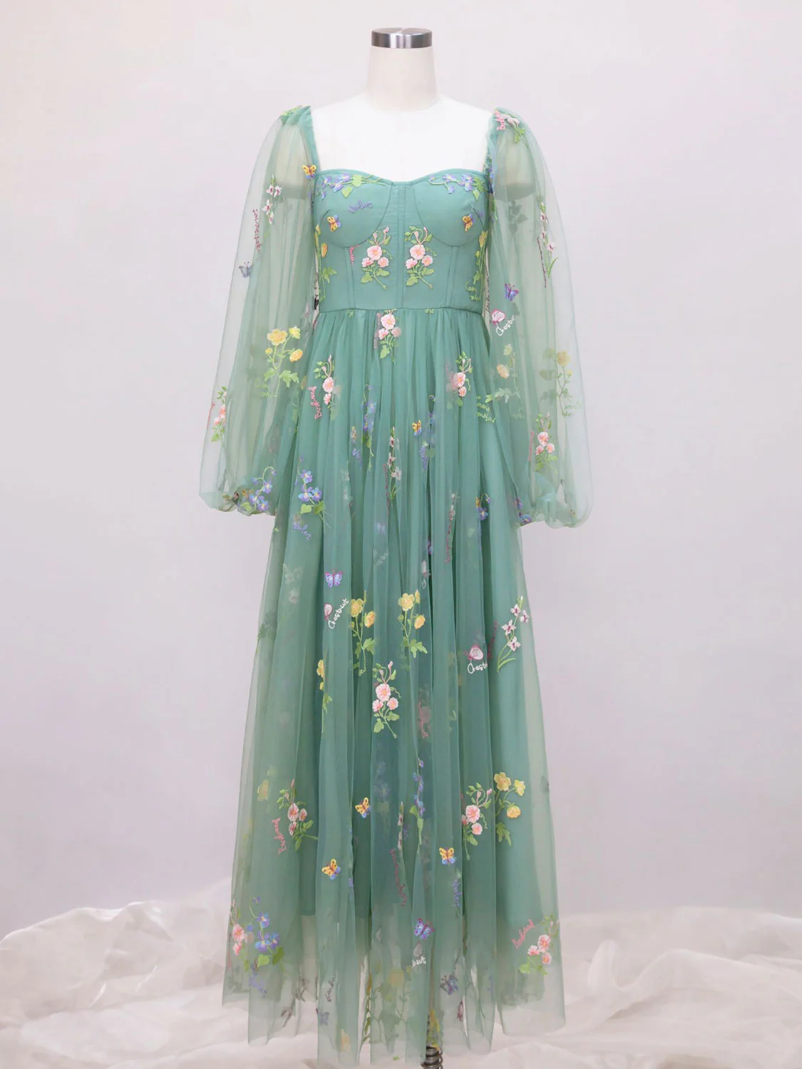 Green A-line Sweetheart Green Tulle Lace Long Prom Dress, Green Formal Dress - Deanwangkt