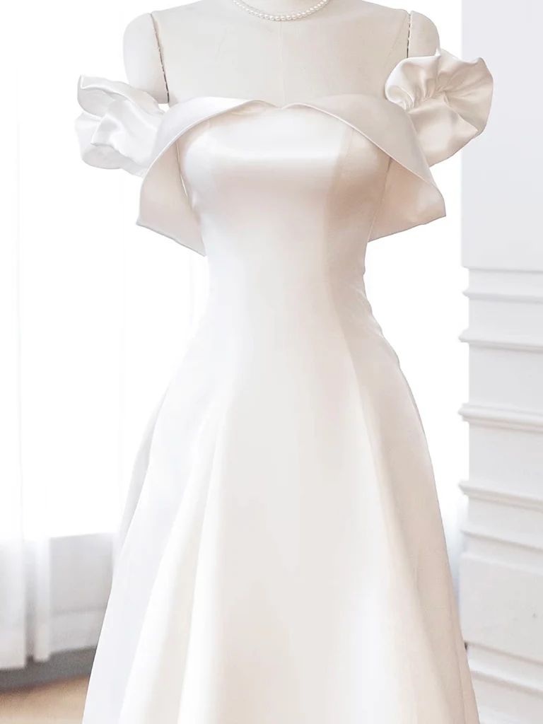 A-Line Off Shoulder Satin ivory Long Prom Dress, ivory Long Formal Dress - Deanwangkt