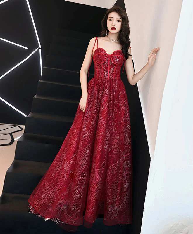 Unique Sweetheart Tulle Long Prom Dress, Burgundy Tulle Evening Dress - Deanwangkt