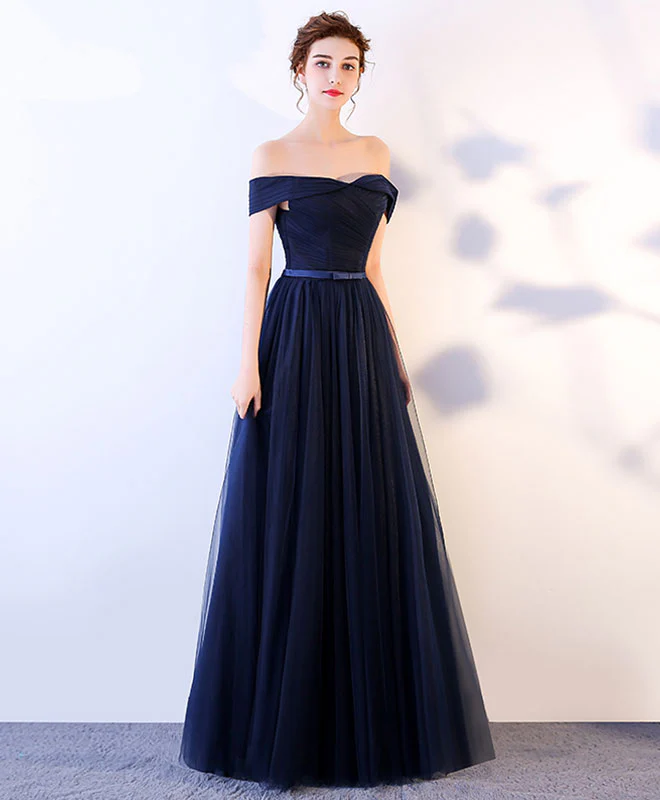 Dark Blue Long Prom Dress, Blue Tulle Bridesmaid Dresses - Deanwangkt