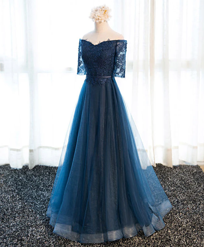 Dark Blue Lace Tulle Long Prom Dress, Lace Evening Dress - Deanwangkt