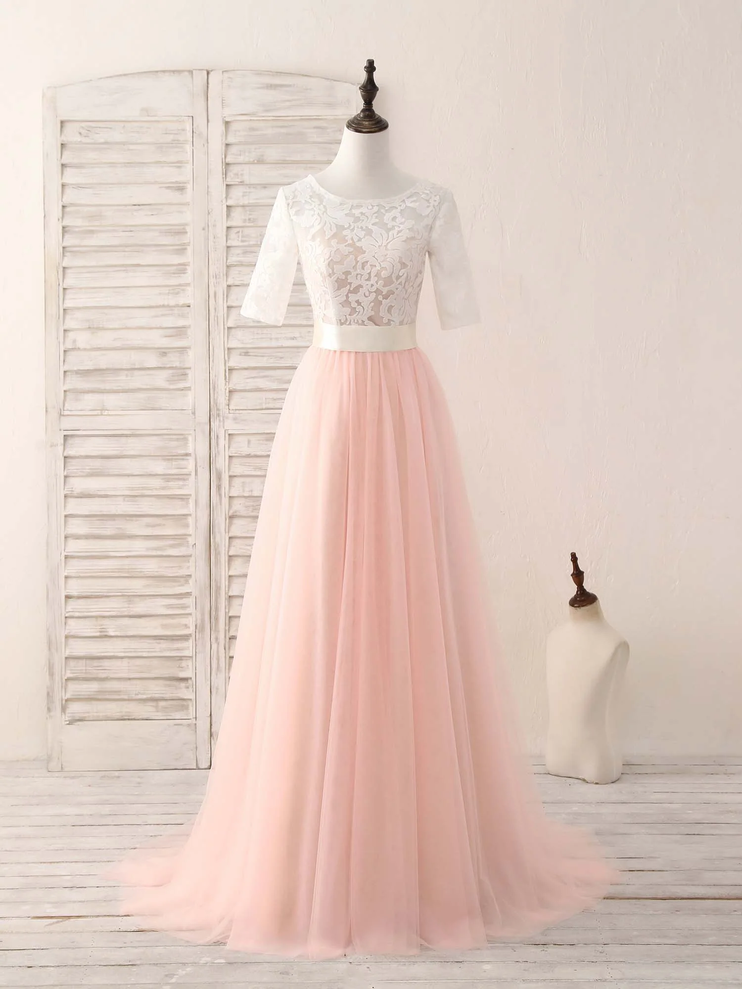 Pink Tulle Lace Long Prom Dress Pink Bridesmaid Dress - Deanwangkt