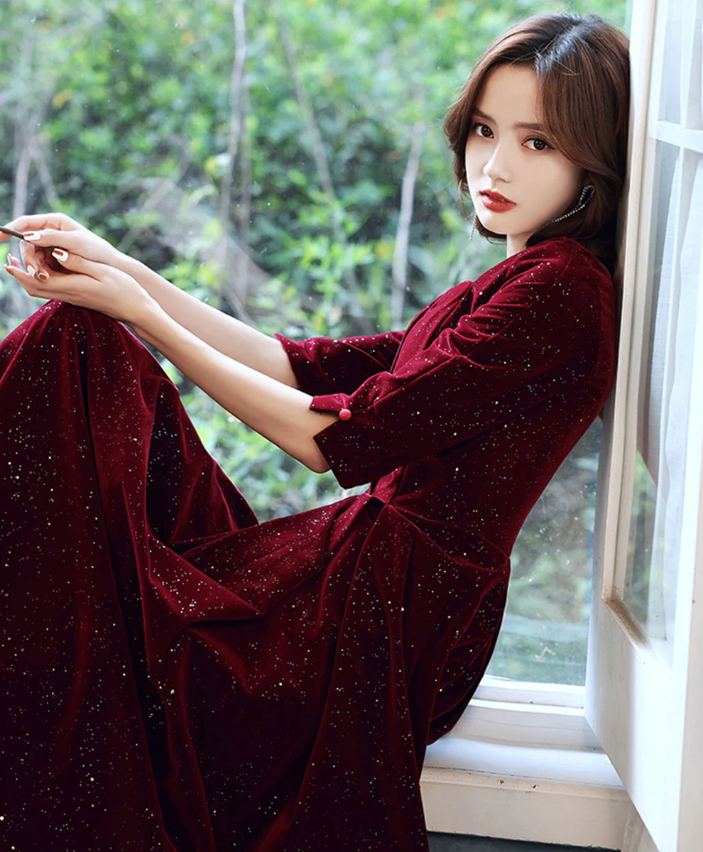 Burgundy Velvet Long Prom Dress Burgundy, Velvet Formal Evening Dress - Deanwangkt