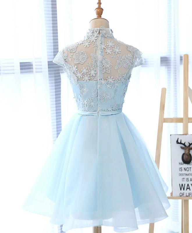 Cute Blue Lace Tulle Short Prom Dress. Cute Homecoming Dress - Deanwangkt