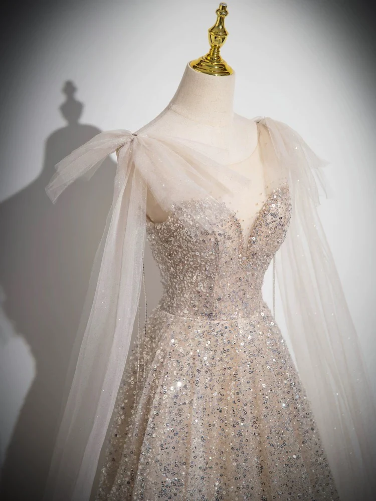 A-Line Scoop Neckline Tulle Sequin Champagne Long Prom Dress - Deanwangkt