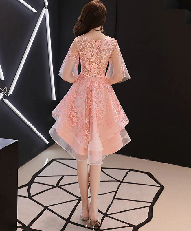 Pink Round Neck Tulle Lace Short Prom Dress, Pink Homecoming Dress - Deanwangkt