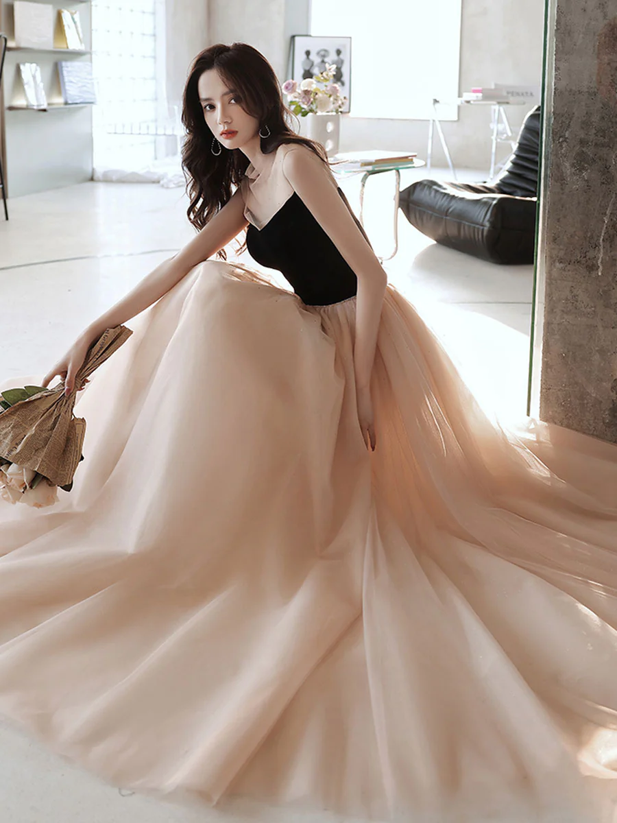 Simple Champagne Long Prom Dresses, Champagne Tulle Formal Dresses - Deanwangkt