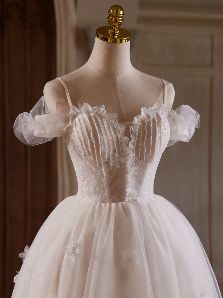 A-Line Off Shoulder Tulle Lace Light Champagne Short Prom Dress - Deanwangkt