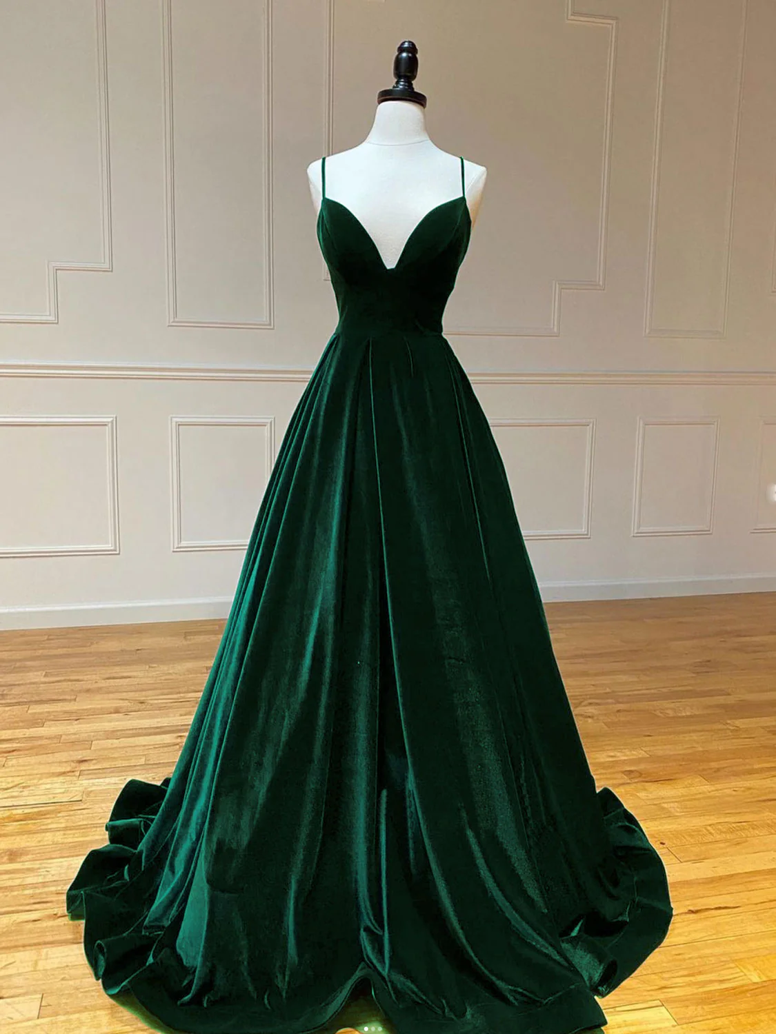 A-Line V Neck Velvet Green Long Prom Dresses, Green Velvet Formal Dress - Deanwangkt
