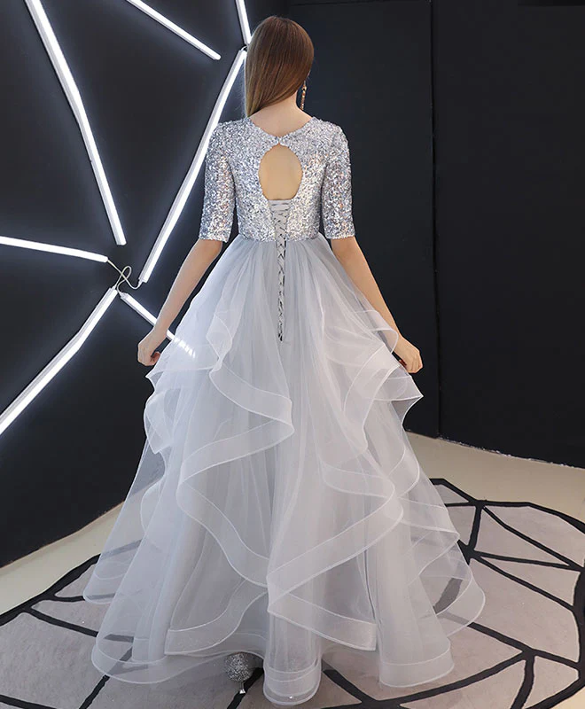 Gray Tulle Sequin Long Prom Dress, Gray Tulle Evening Dress - Deanwangkt