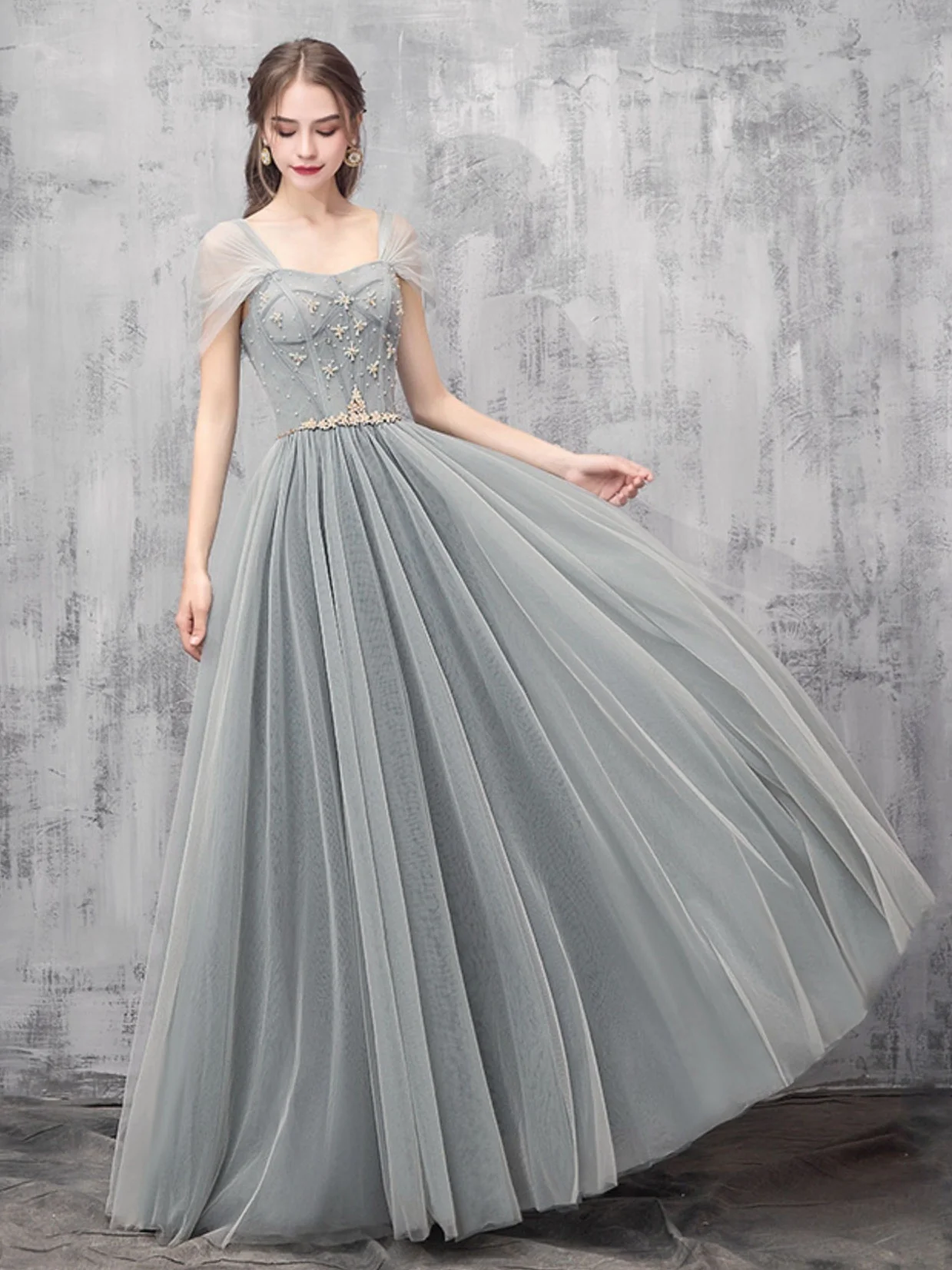 Gray A-line Off Shoulder Tulle Beads Long Prom Dress, Gray Evening Dress - Deanwangkt