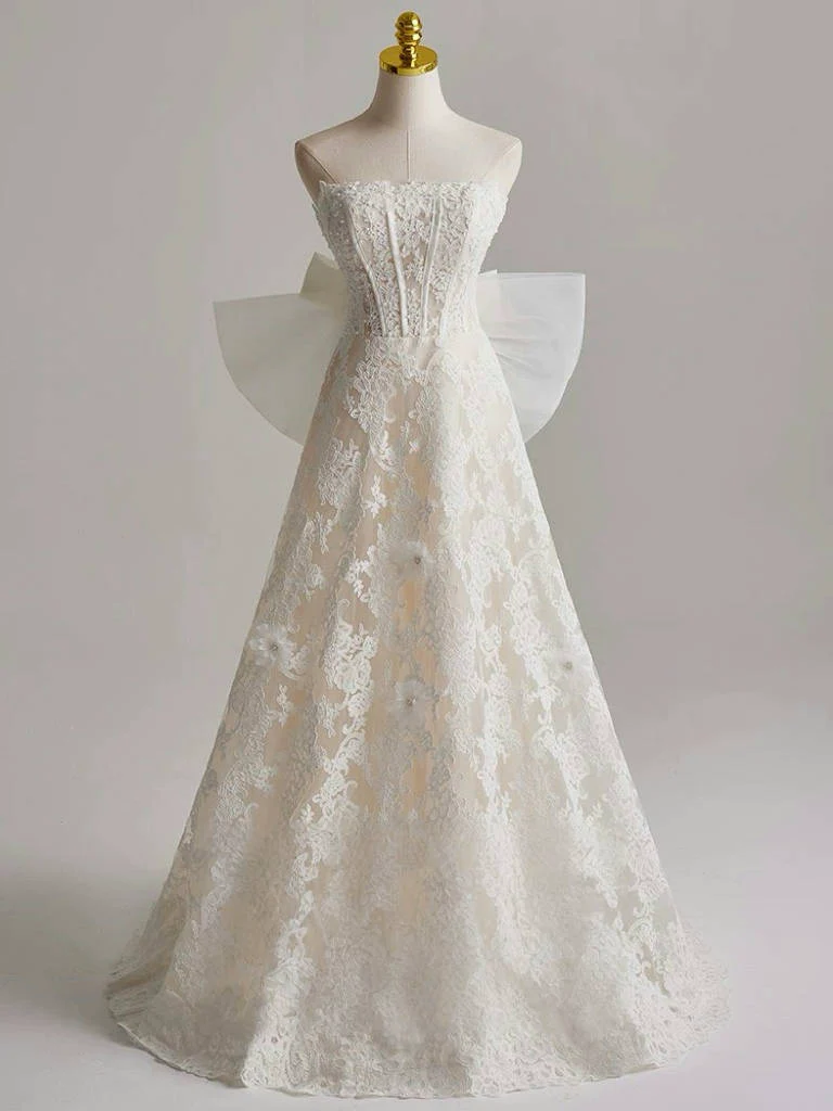 A-Line Tulle Lace Light Champagne Long Wedding Dress with Bow - Deanwangkt