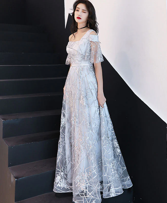 Gray Tulle Lace One Shoulder Long Prom Dress Lace Evening Dress - Deanwangkt
