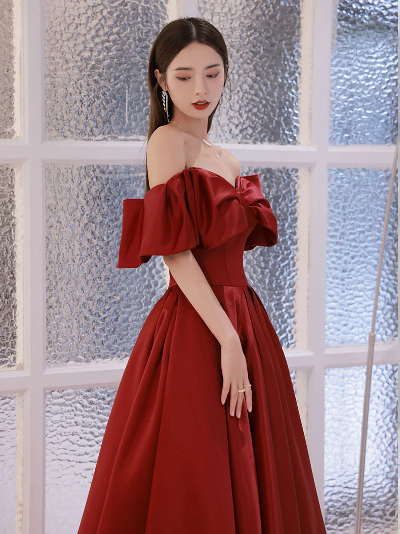 Simple Aline Burgundy Satin Long Prom Dress, Burgundy Evening Dress - Deanwangkt