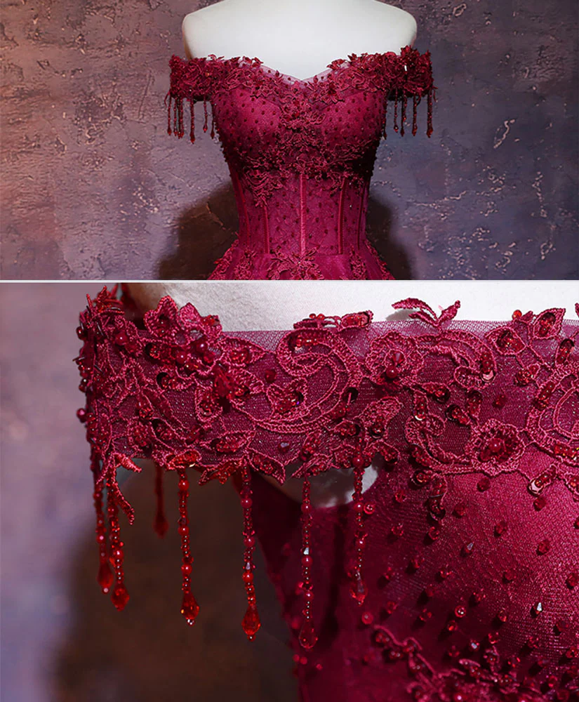 Burgundy Tulle Lace Off Shoulder Long Prom Dress Burgundy Lace Evening Dress - Deanwangkt