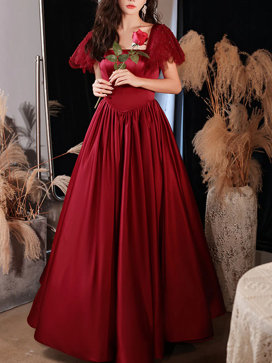 Simple Burgundy Satin Long Prom Dress, Burgundy Bridesmaid Dress - Deanwangkt