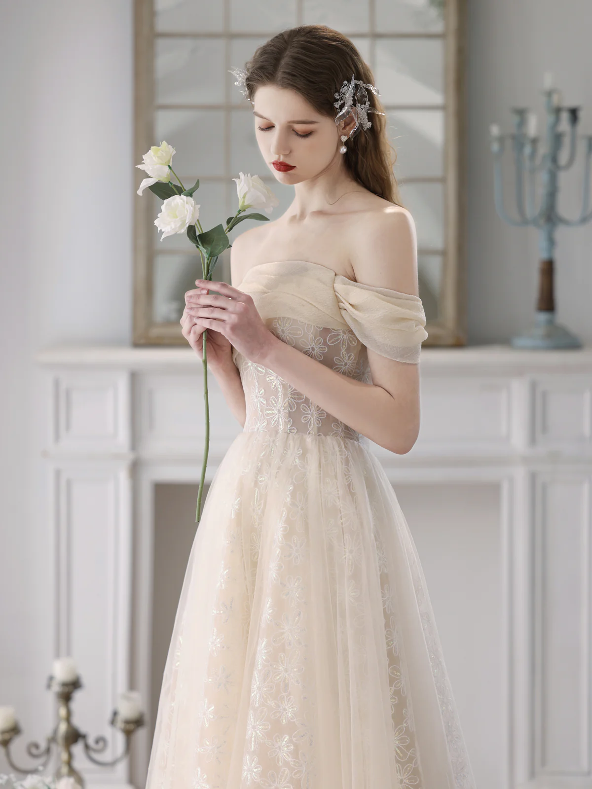 Champagne A-Line Tulle Lace Long Prom Dress, Champagne Formal Dress - Deanwangkt