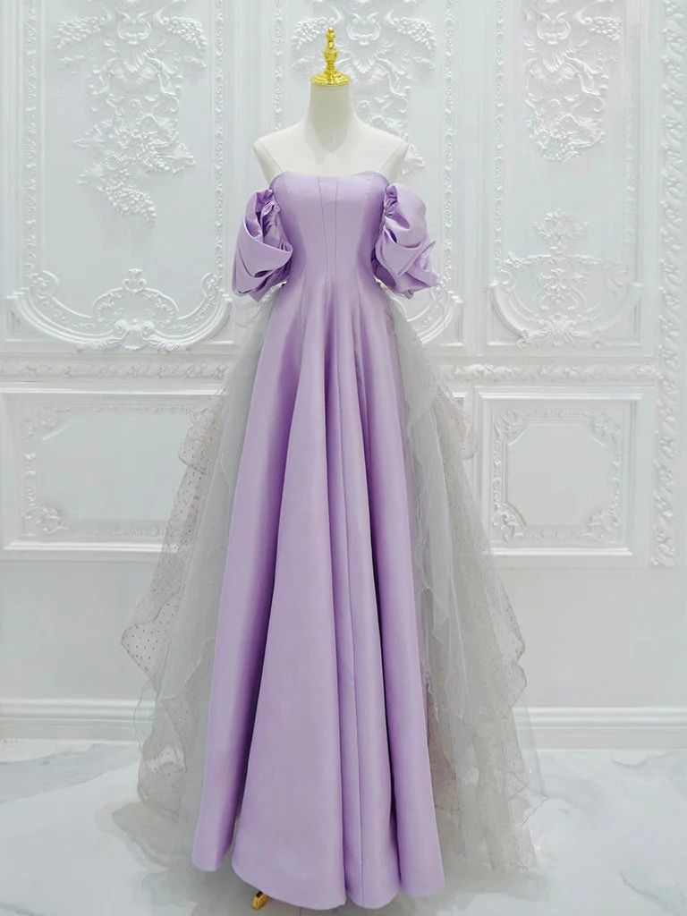 A-Line Off Shoulder Statin Tulle Pink Long Prom Dress, Pink Long Formal Dress - Deanwangkt