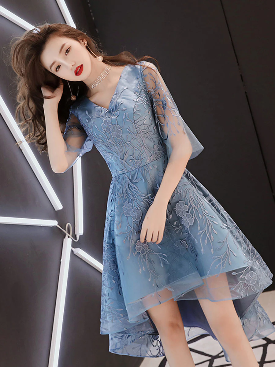 Blue V Neck Tulle Lace High Neck Prom Dress, Blue Lace Homecoming Dress - Deanwangkt