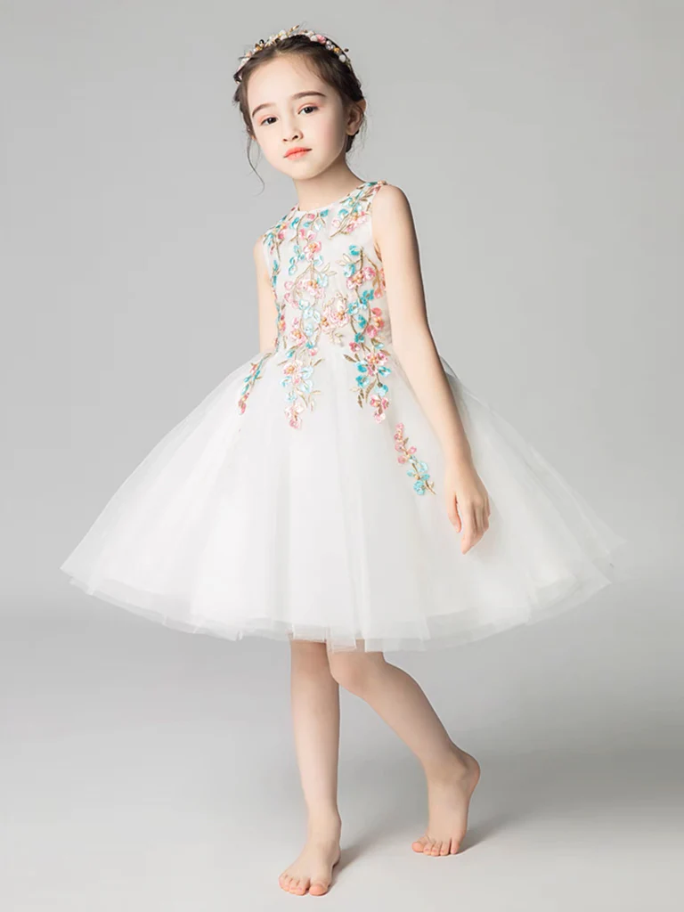 A-Line Tulle Lace Applique Short White Flower Girl Dress - Deanwangkt