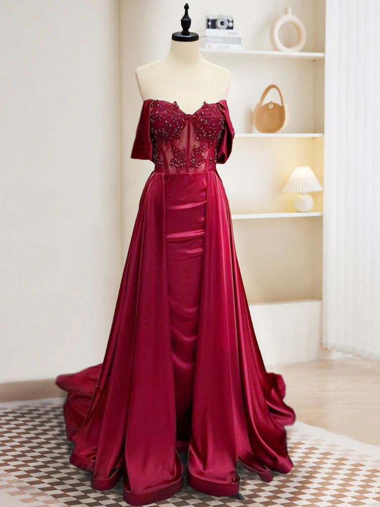 Burgundy A-Line Off Shoulder Satin Lace Long Prom Dress, Burgundy Long Formal Dress - Deanwangkt