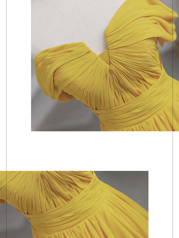 Simple Yellow Off Shoulder Long Prom Dress, Yellow Chiffon Graduation Dresses - Deanwangkt