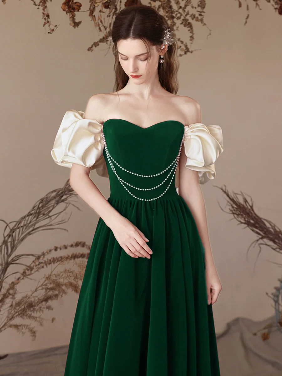 A-Line Sweetheart Neck Velvet Green Long Prom Dress, Green Long Formal Dress - Deanwangkt