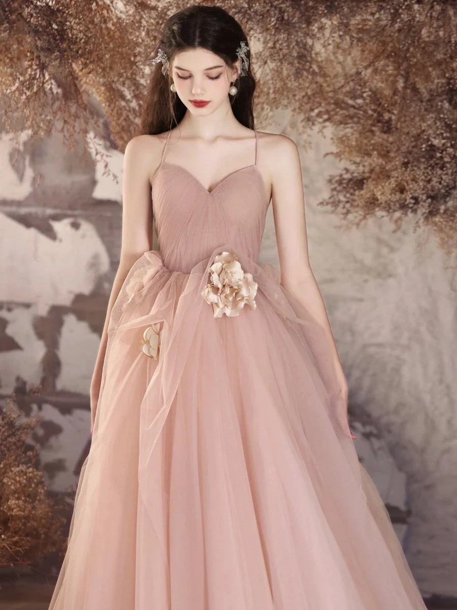 A-Line V Neck Tulle Flower Pink Long Prom Dress, Pink Long Evening Dress - Deanwangkt