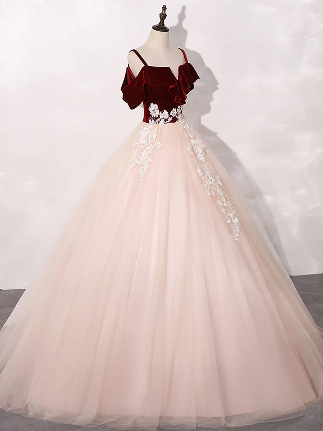 Pink/Burgundy Tulle Long Prom Dresses, A-Line Formal Sweet 16 Dress with Lace - Deanwangkt