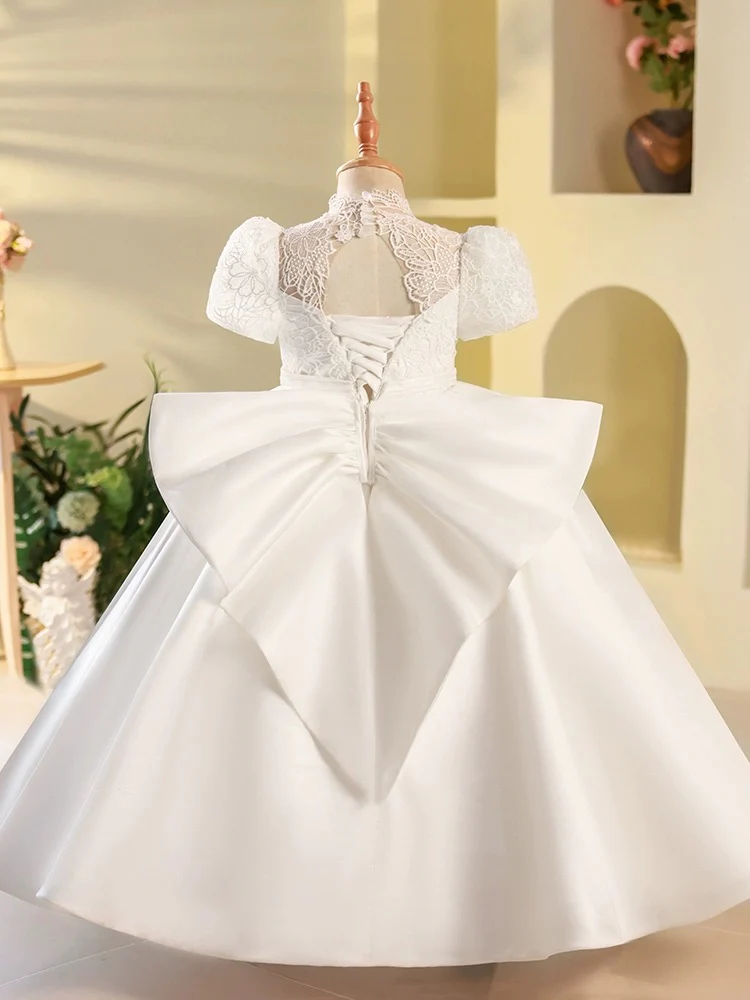 White High Neck Lace Satin Flower Girl Dress - Deanwangkt