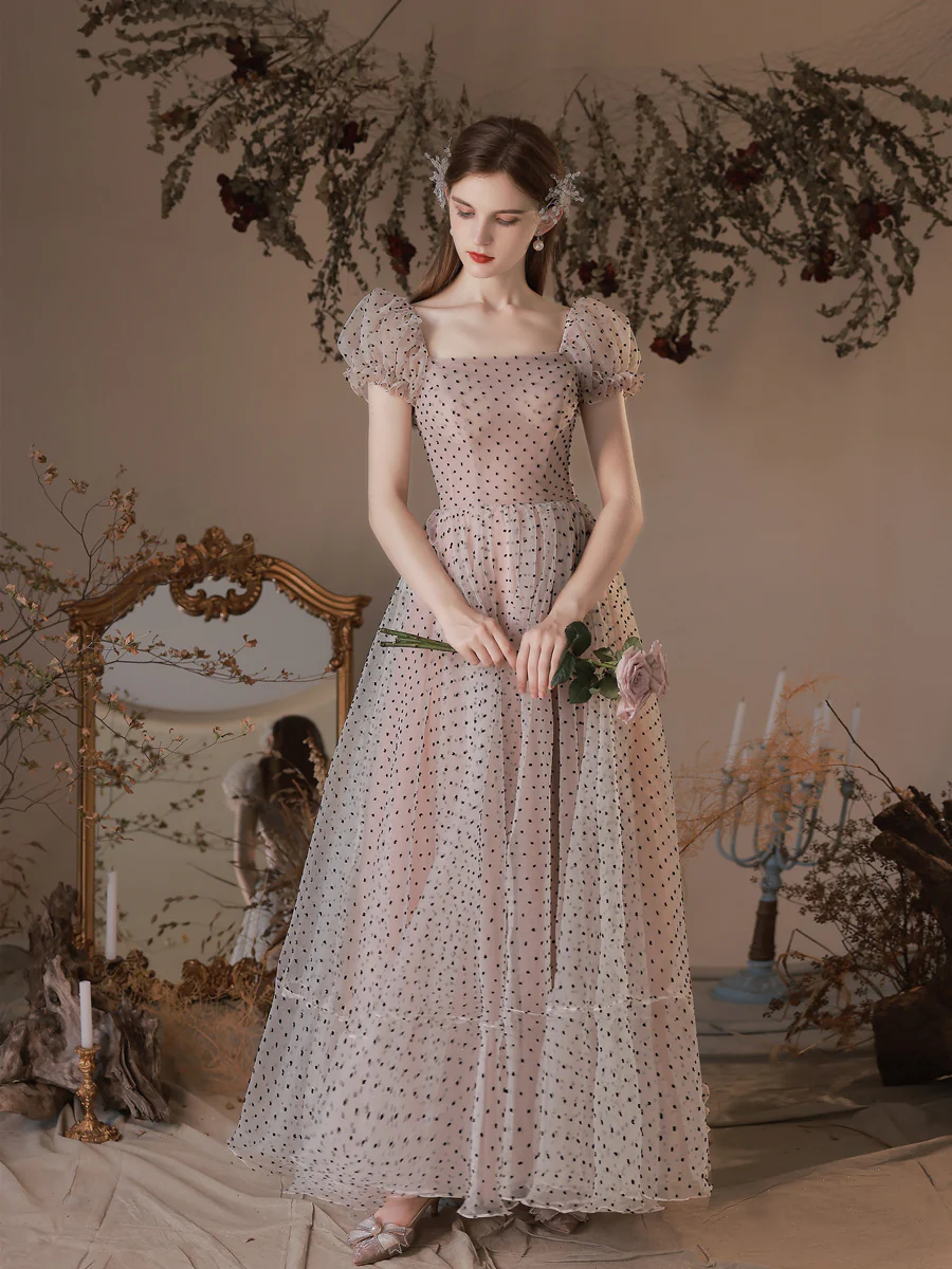 A Line Polka Dot Tulle Tea Length  Pink Prom Dresses, Puff Sleeves Homecoming Dress - Deanwangkt
