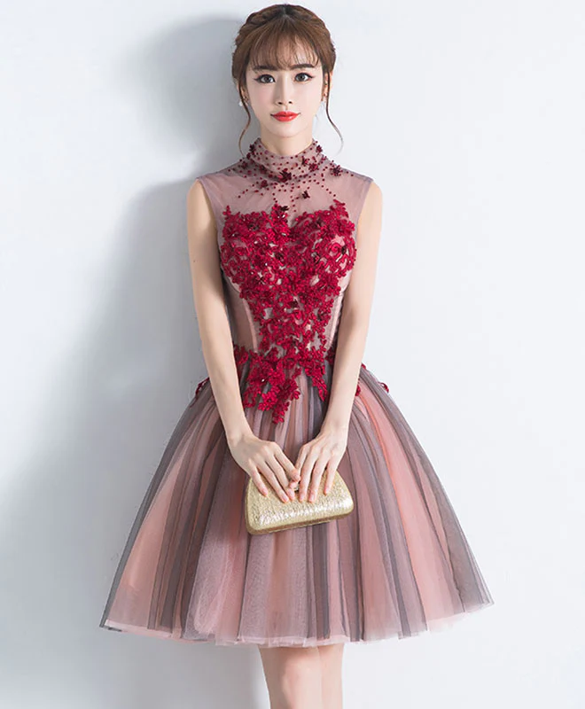 Unique Burgundy Tulle Lace Short Prom Dress, Tulle Homecoming Dress - Deanwangkt