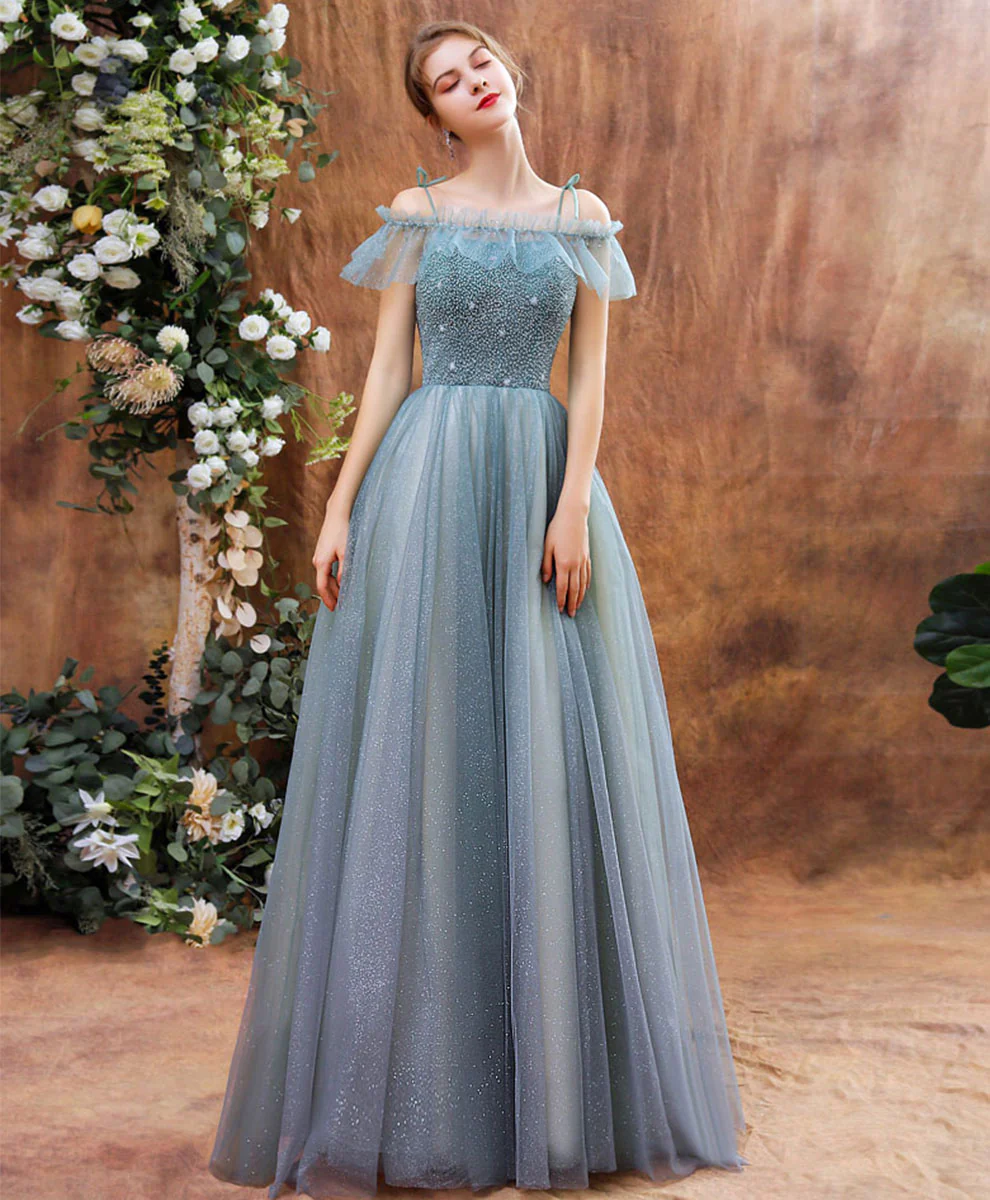 Unique Tulle Beads Long Green Prom Dress, Tulle Formal Dress - Deanwangkt