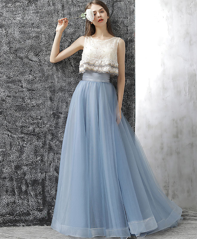 Gray Blue Two Pieces Tulle Long Prom Dress, Gray Blue Evening Dress - Deanwangkt