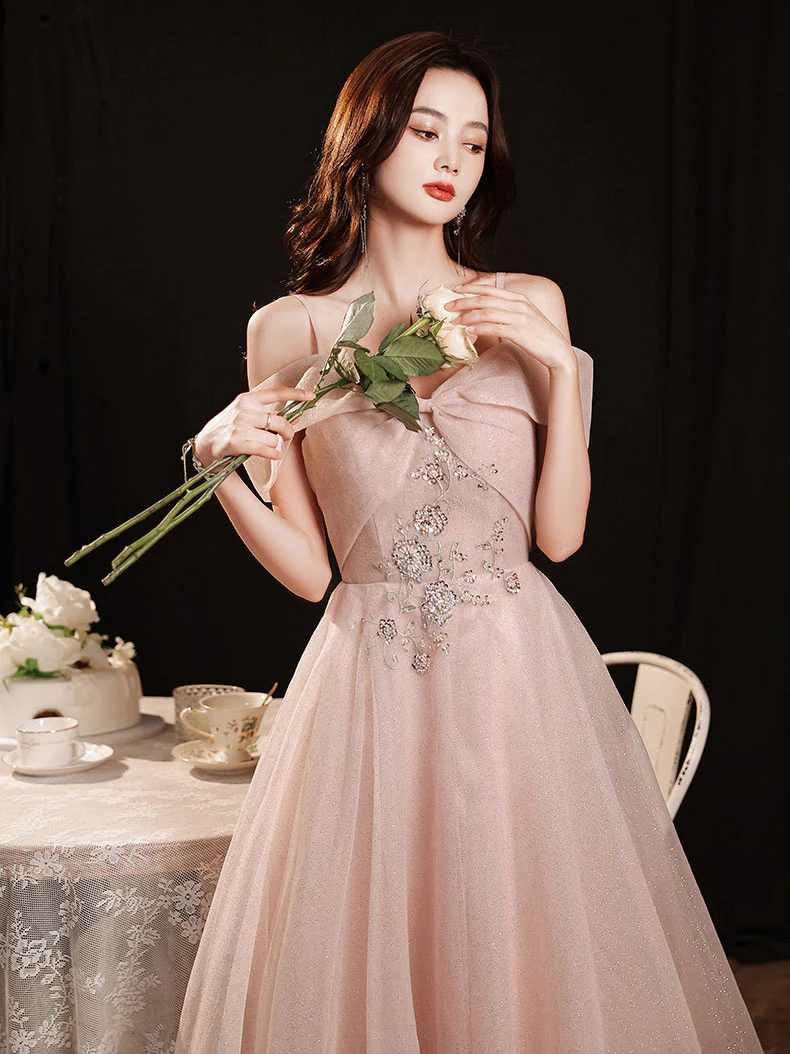 Pink Tulle Off Shoulder Lace Long Prom Dress, Pink Tulle Evening Dress - Deanwangkt