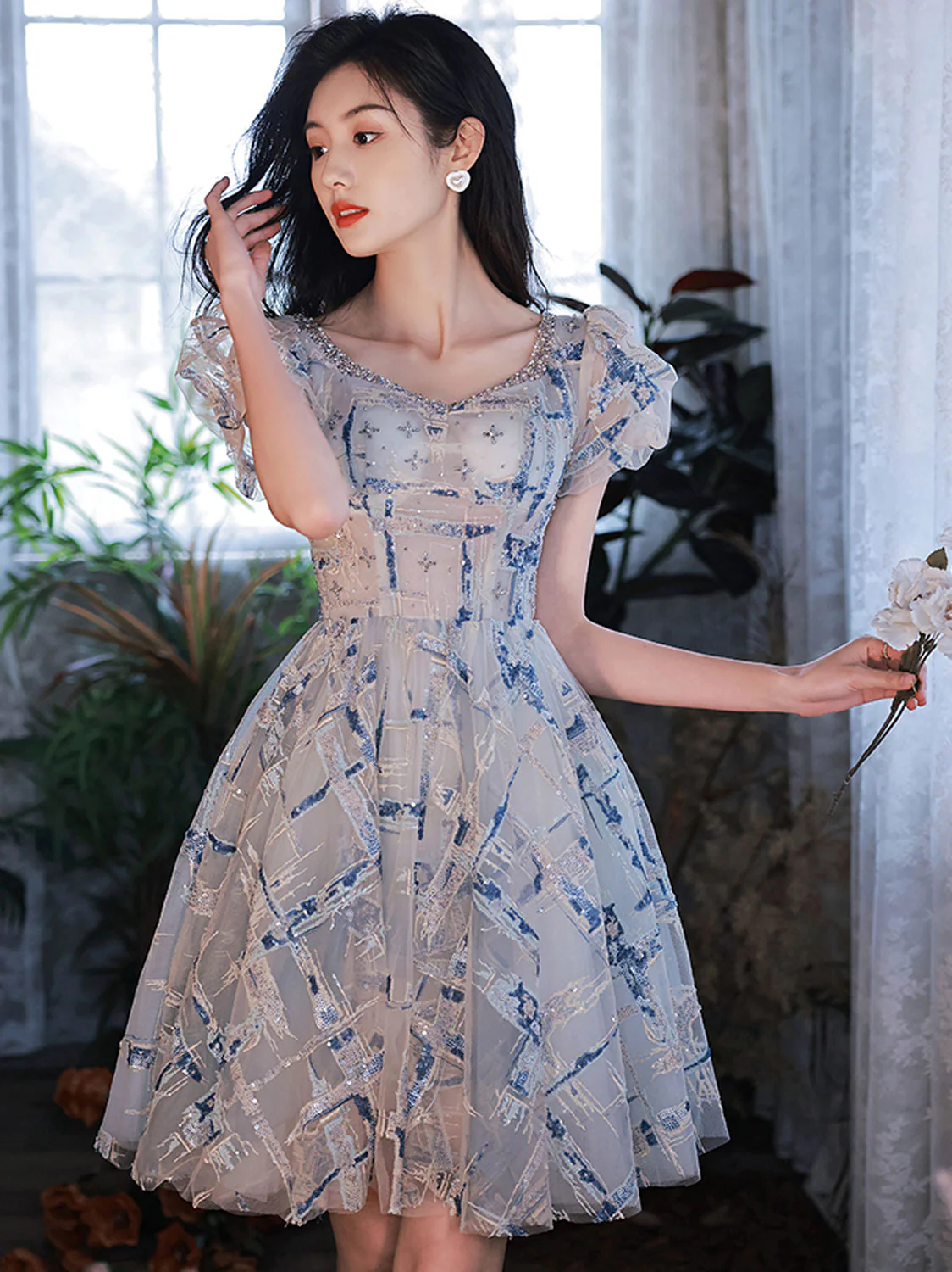 Cute V Neck Tulle Sequin Short Prom Dress Tulle Homecoming Dress - Deanwangkt