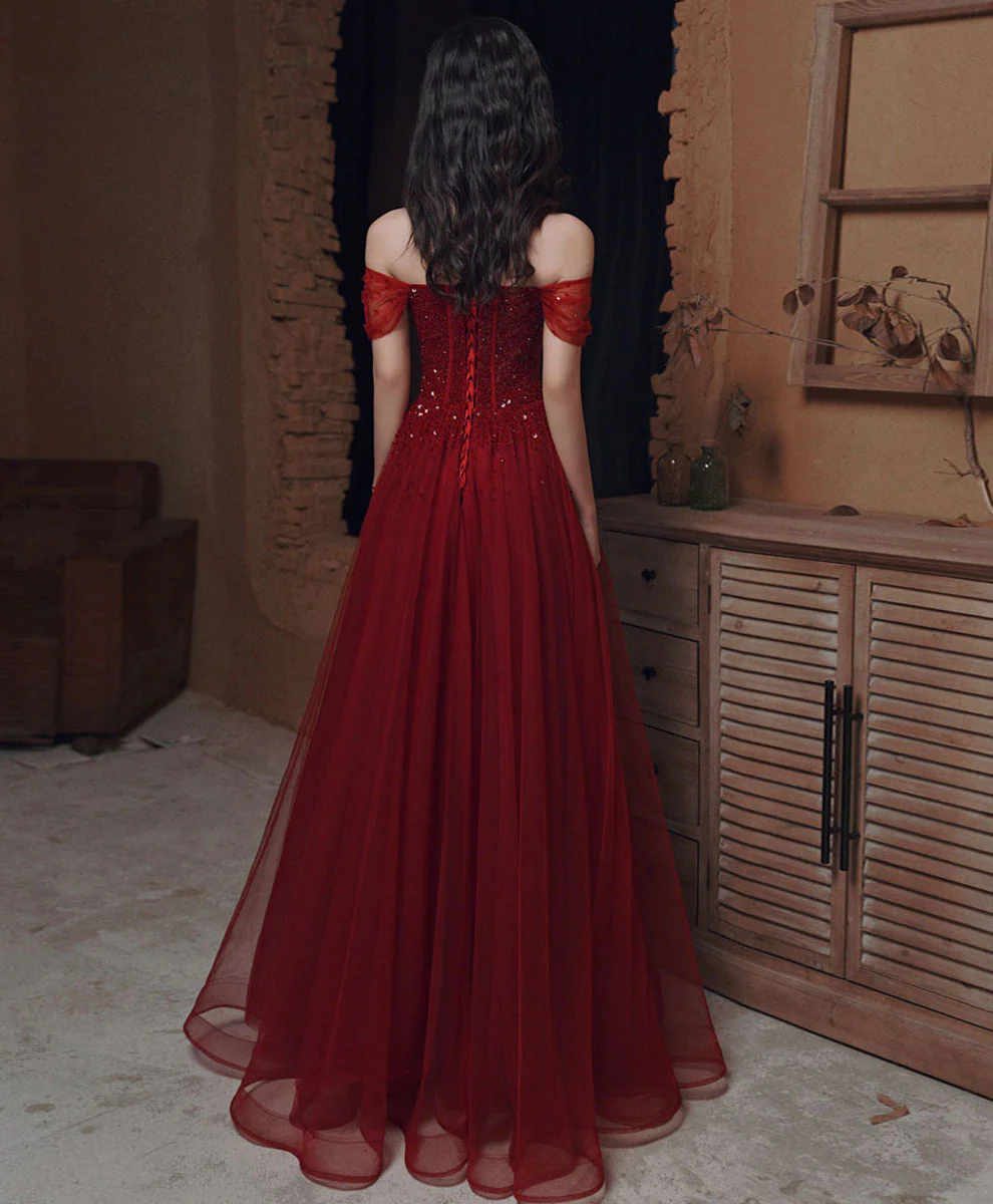 Burgundy Sweetheart Tulle Sequin Long Prom Dress Burgundy Formal Dress - Deanwangkt