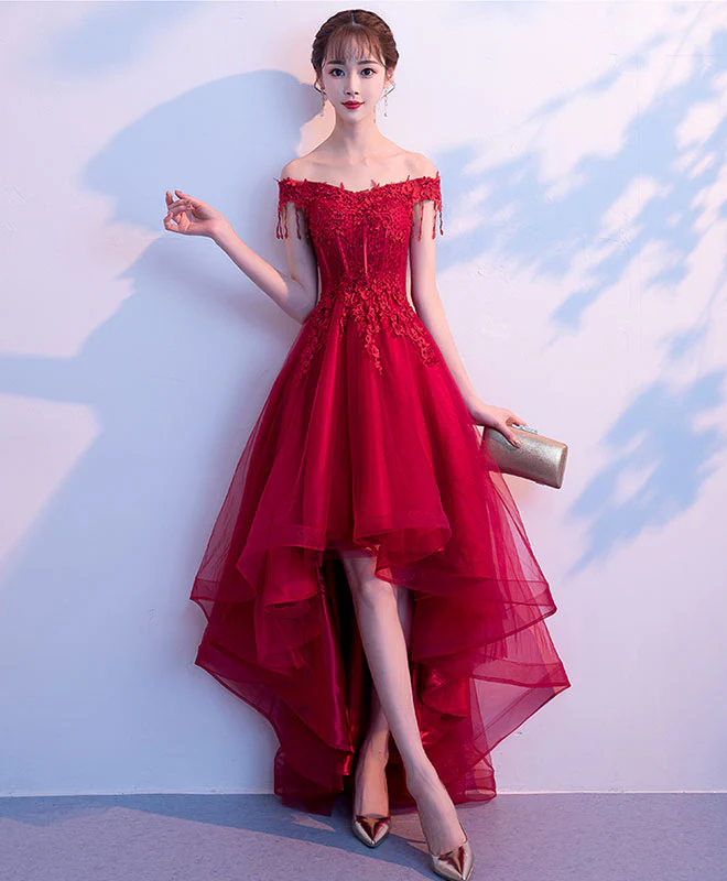 Burgundy Tulle Lace Prom Dress, Burgundy Tulle Evening Dress - Deanwangkt