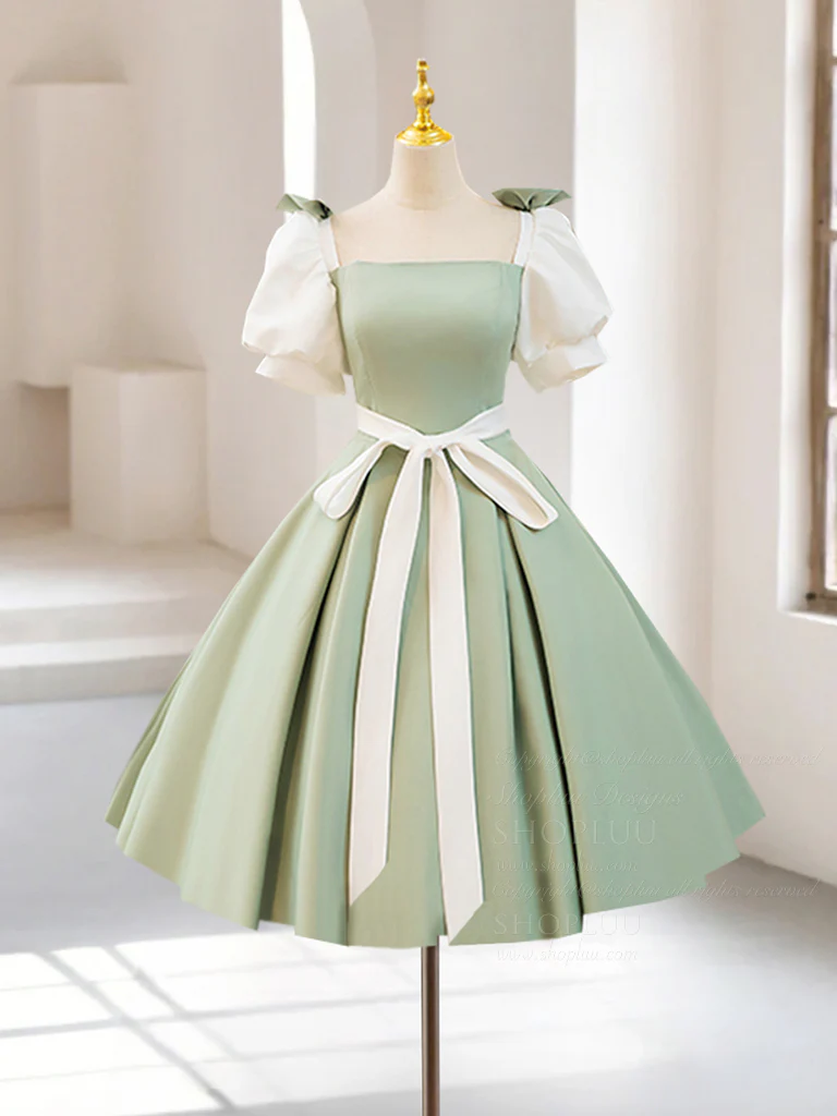 A-Line Puff Sleeves Satin Green Short Prom Dress, Cute Homecoming Dress - Deanwangkt