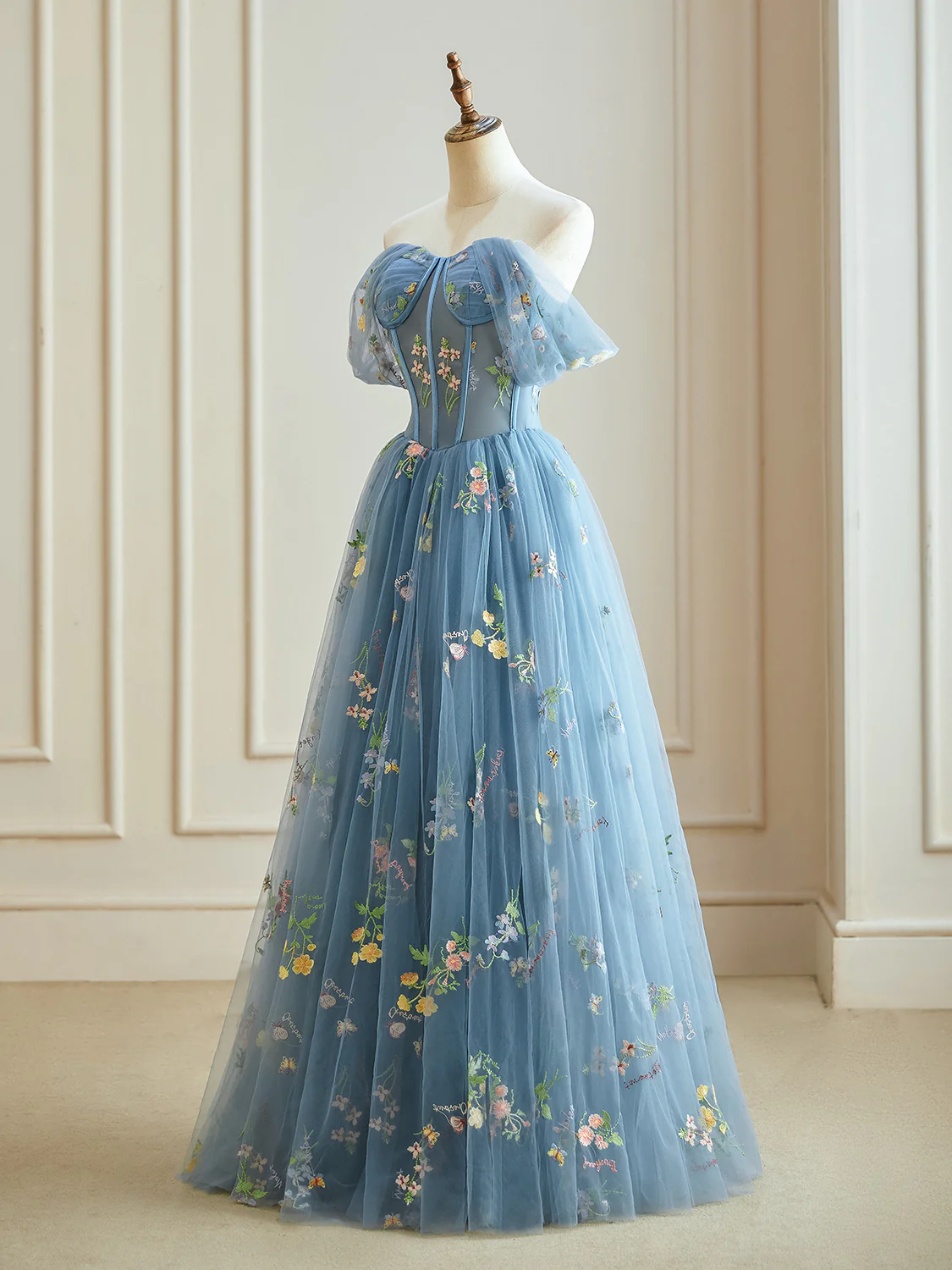 Blue A-Line Tulle Lace Long Prom Dress, Blue Lace Long Formal Dress - Deanwangkt