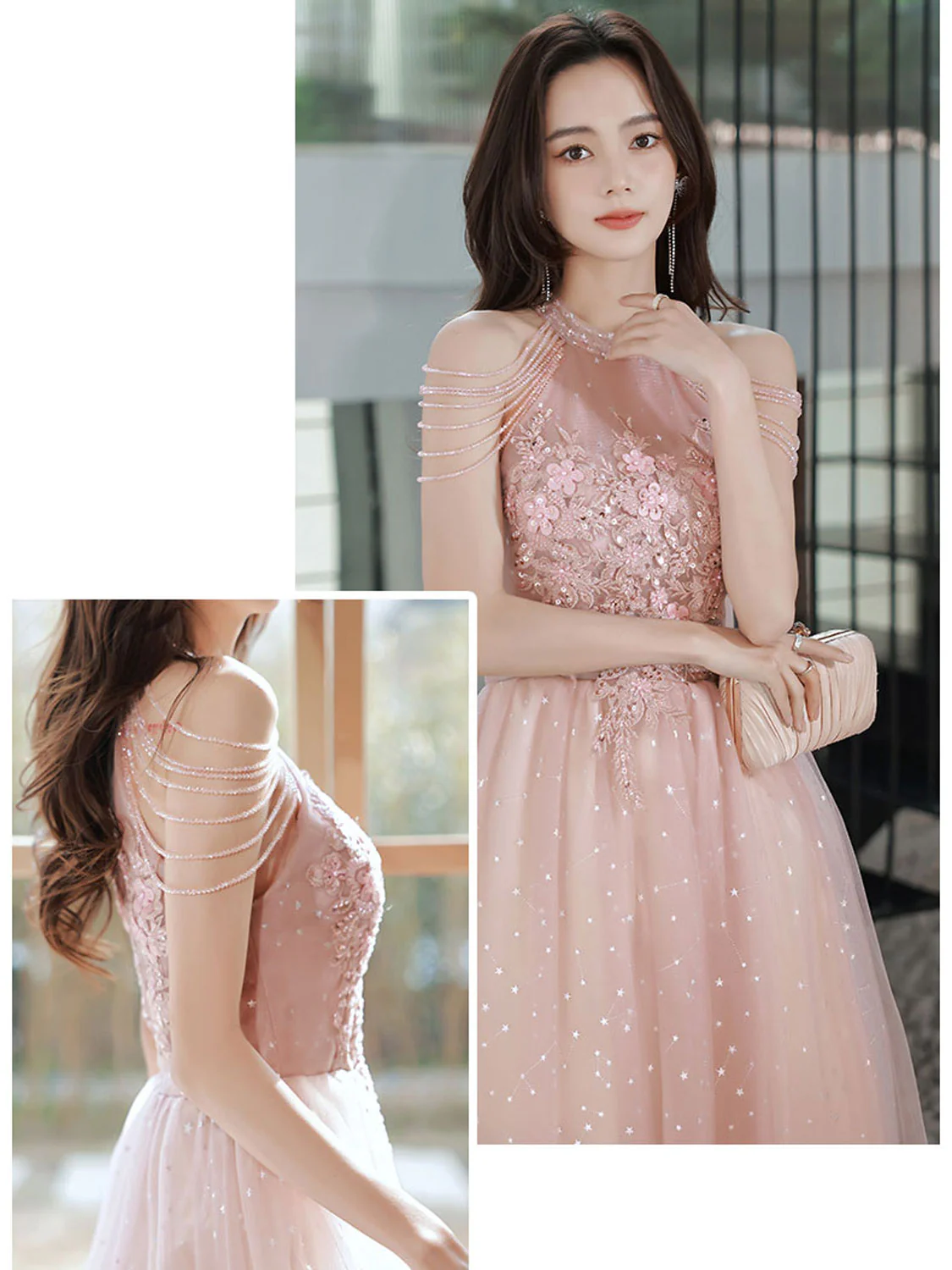 Unique Pink Tulle Lace Tea Length Prom Dress, Pink Tulle Formal Dresses - Deanwangkt