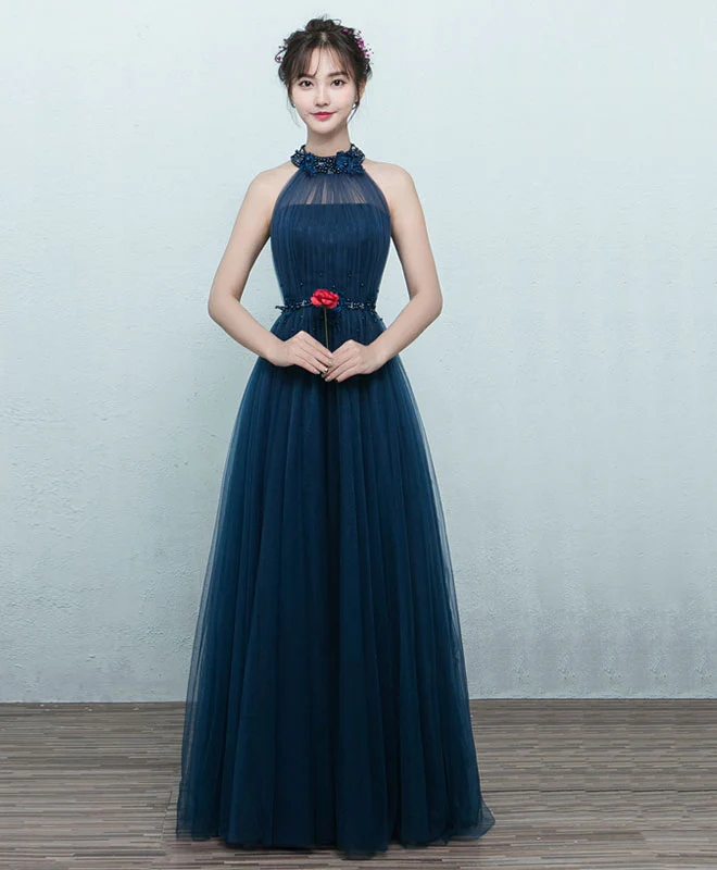 Simple Blue Tulle Long Prom Dress, Blue Tulle Bridesmaid Dress - Deanwangkt